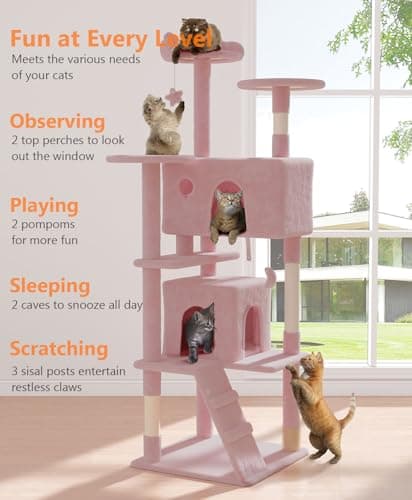 70" Tall Cat Tree Tower for Large Indoor Cats, Soft Pink