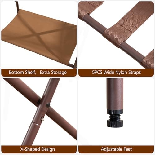 Folding Luggage Rack Set of 2 for Guests, Metal with Storage Shelf, Bronze.