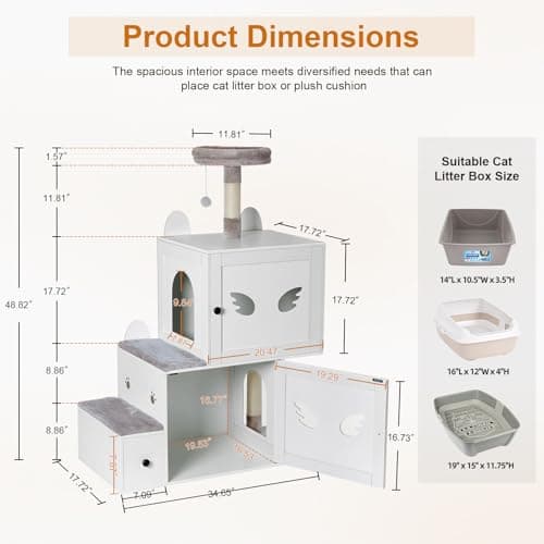 Snughome White 3-in-1 Wooden Cat Tower with Hidden Litter Box-Stairs
