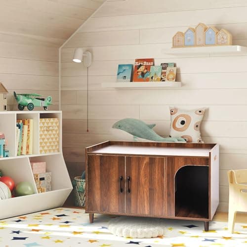 Wooden Cat Litter Box Enclosure with Cat Scratching Pad
