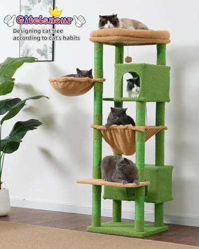 Large Cat Tree Tower GCT030-MGY: 8 Scratching Posts, 2 Platform Condos, Green & Brown