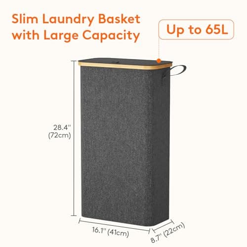 Lifewit 65L Slim Laundry Hamper with Lid & Bamboo Handles, Dark Gray