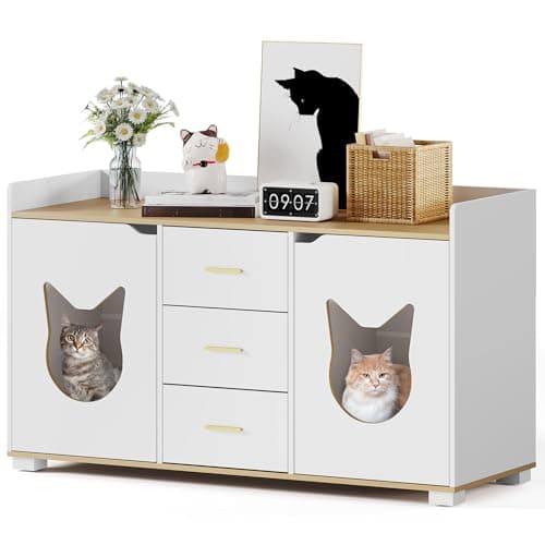 YITAHOME Double Hidden Cat Litter Box for 2 Cats, Gray Oak Enclosure with Outlet & Light — White