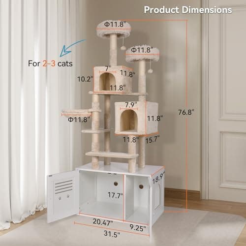 All-in-One Wooden Cat Tree with Litter Box Enclosure, 76.8 Inch Tall Condo with Hammock and Scratching Posts, White
