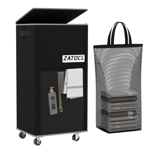 Large Laundry Hamper with Lid & Removable Bag - 110L Grey — Black with Wheels