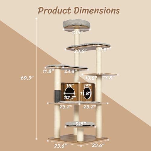 Tall Wood Cat Tree with Sisal Posts, 69" Multi-Level Platforms, Heavy Duty for Large Cats