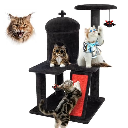 Gothic Black Cat Tree with Coffin Bed & Scratching Posts, Halloween Style for Large Cats — 36.4 " H