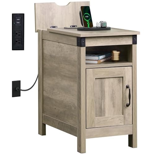WLIVE Living Room End Table with Charging Station and Storage, Espresso Finish — Greige