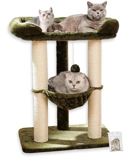 Happi N Pets 28" Tall Cat Tree Tower for Maine Coon, Sisal Scratcher & Soft Perch-Gray — Olive Green