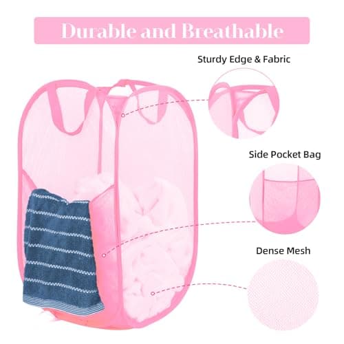 Reinforced Pink Collapsible Laundry Hamper with Side Pocket & Carry Handles