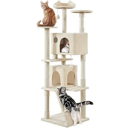 54in Multi-Level Cat Tree Tower for Indoor Cats with Scratching Posts and Dangling Balls, Pink — Beige