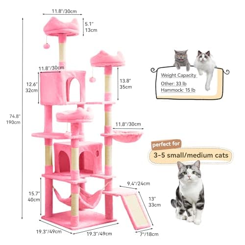 YITAHOME 75 inch Multi-Level Cat Tree with Condos, Scratching Posts, Hammocks, Pink