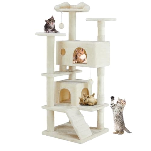 DUMOS 54-inch Multi-Level Indoor Cat Tree with Condos & Scratch Posts – Dark Grey — Beige