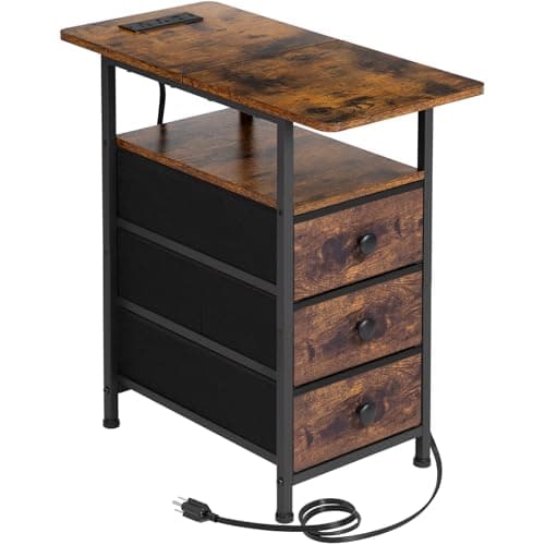 AMHANCIBLE Rustic Brown Narrow Side Table with Charging Station for Living Room and Bedroom