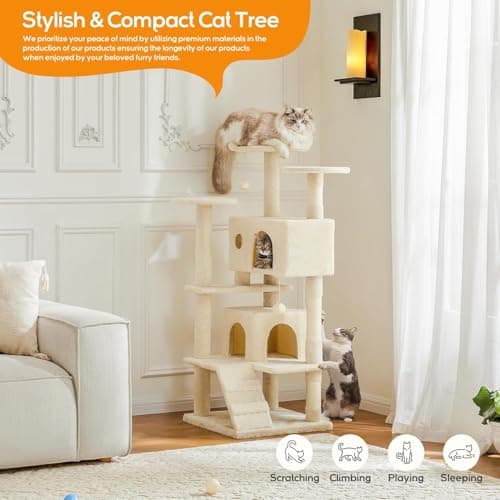 54 Inch Cat Tree Tower, Cozy Hammock & Sisal Scratching Posts, Multi-Level Beige