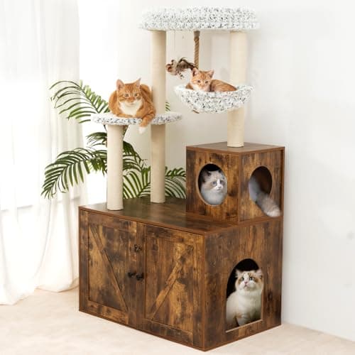 55in Cat Tree with Litter Box Enclosure and Food Station for Cats