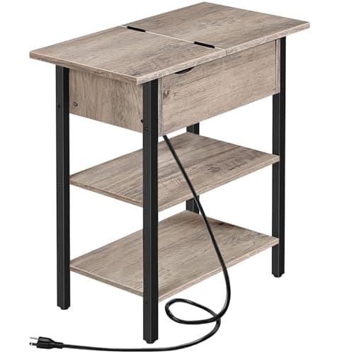 HOOBRO Black Narrow Nightstand with Charging Station BK341BZ01 — Greige+black
