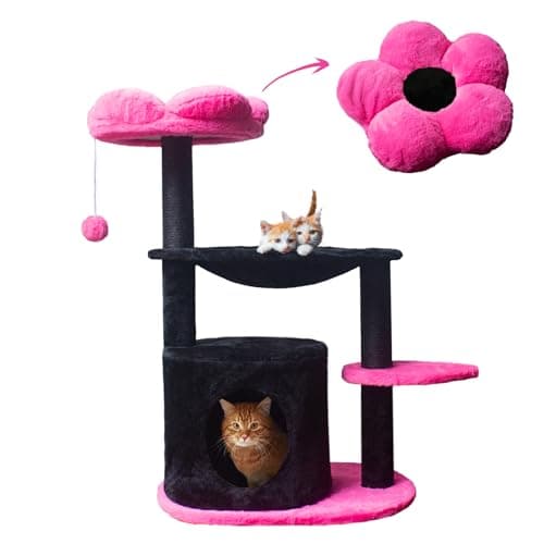 Black Pink Flower Cat Tree for Indoor Cats with Hammock