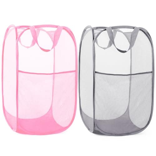 Reinforced Pink Collapsible Laundry Hamper with Side Pocket & Carry Handles — Pink+Grey