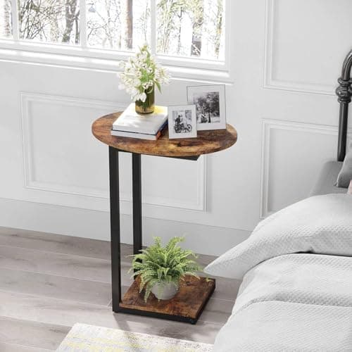 Rustic Brown C-Shaped Wood Side Table with Metal Frame