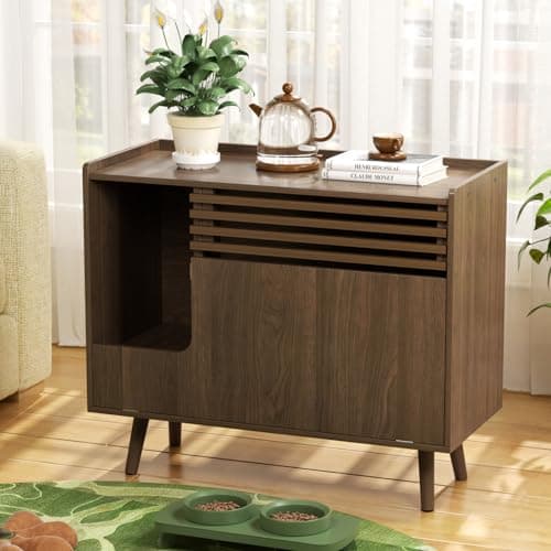 Mid-Century Modern Cat Litter Box with Scratch Pad & Flip-Down Opening 32.8" x 18.7" x 29"H Natural — Brown