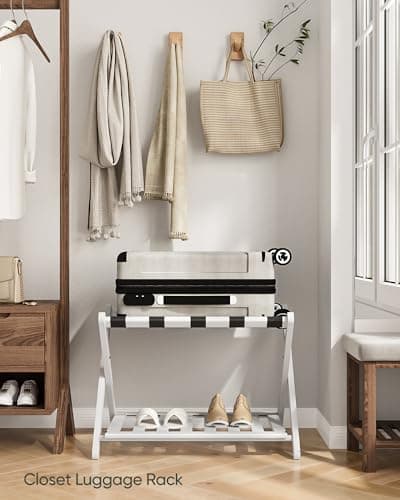 White Bamboo Luggage Rack, 5 Straps, Heavy Duty & Foldable, Shoe Shelf Included