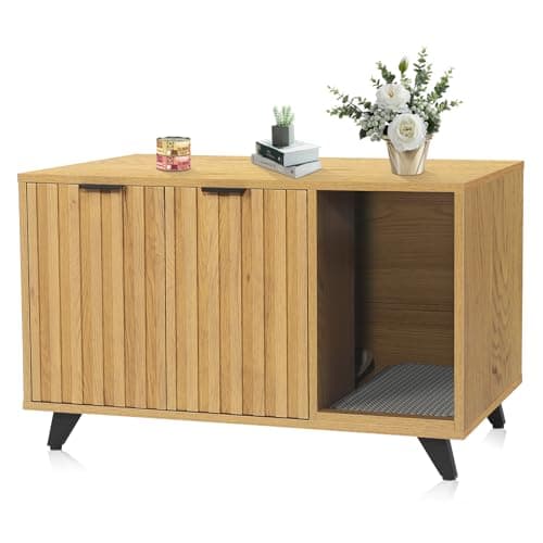 Modern Cat Litter Box Enclosure with Scratching Pad & Natural Oak Legs
