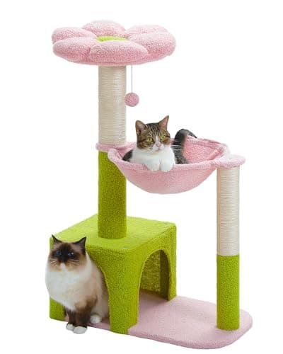 Pink Metal Cat Tree with Large Hammock for Indoor Kittens