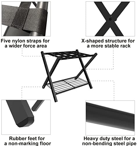 Black Metal Foldable Suitcase Stand with Shelf, 1 Pack