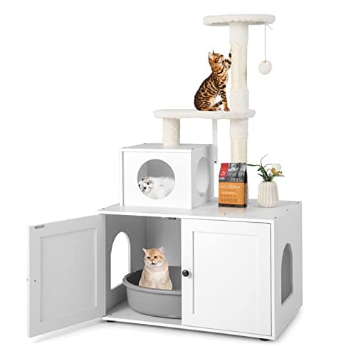 Tangkula 2-in-1 Litter Box with Cat Tree & Hidden Washroom for Indoor Cats (White)