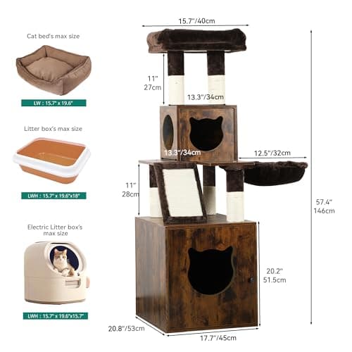 Modern Cat Tree with Litter Box Enclosure and Large Tower for Large Cats