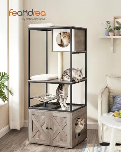 Modern Cat Tower with Litter Box Enclosure and Scratching Post