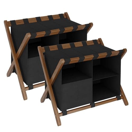Bamboo Luggage Rack Set of 2 with Laundry Bag - Heavy-Duty Holder for Guest Room Hotel - Holds up to 141 lb