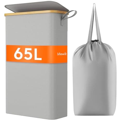 Lifewit 65L Slim Laundry Hamper with Lid & Bamboo Handles, Dark Gray — Silver Grey