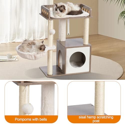 Heybly Modern Wooden Cat Tree with 3 Scratching Posts & Rustic Gray Condo HCT007SSG