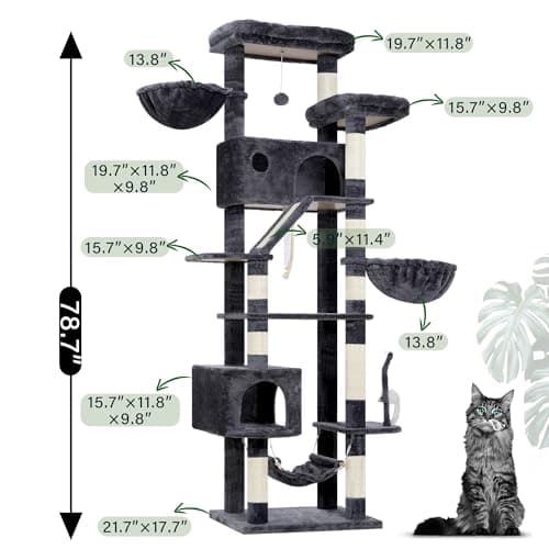 Tall Cat Tree for Large Cats, 200cm Tower with Hammock & Scratching Post GCT031G
