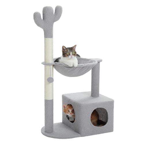 Spooky Gothic Cat Tree with Coffin Condo, 2 Metal Hammocks & Scratching Post, Black Halloween — 40" Gray Cactus Cat Tree