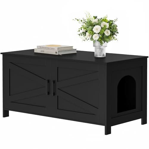 Homedy Black Wooden Cat Washroom with Barn Door, Fit Most Litter Box — Black