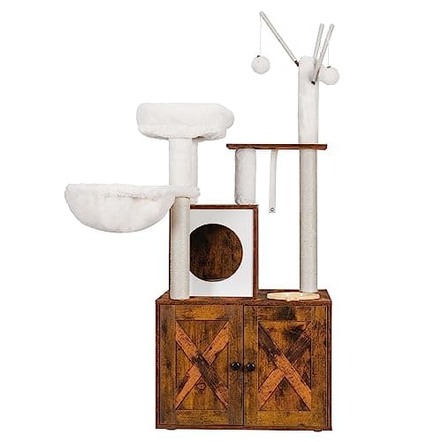 Heybly Cat Tree with Litter Box Enclosure and Food Station, Indoor Furniture for Cats in Modern Style (Rustic Brown)