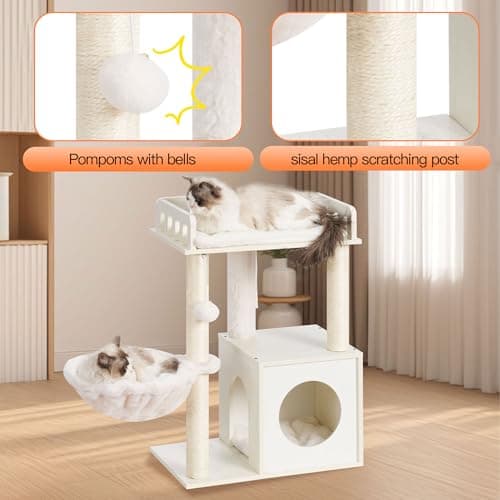 Heybly Modern Cat Tree for Indoor Cats with 3 Scratching Posts and Wood Cave, Plush Perch, and Basket, White HCT007SWT
Heybly Cat Tower with 3 Scratching Posts and Wood Cave for Cats, Plush Perch and Basket, White HCT007SWT
Heybly White Modern Cat Tr