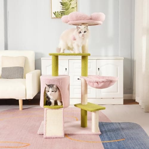 Flower Cat Tree 46 Inches, Medium Size with Hammock & 3 Scratching Posts - Pink