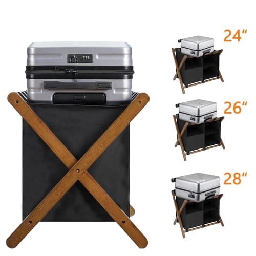 Bamboo Luggage Rack Set of 2 with Laundry Bag - Heavy-Duty Holder for Guest Room Hotel - Holds up to 141 lb
