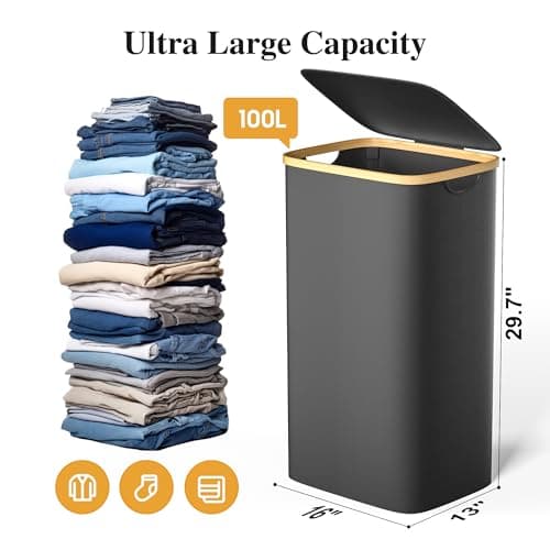 Large 100L Waterproof Laundry Basket, Collapsible with Bamboo Handles, Black