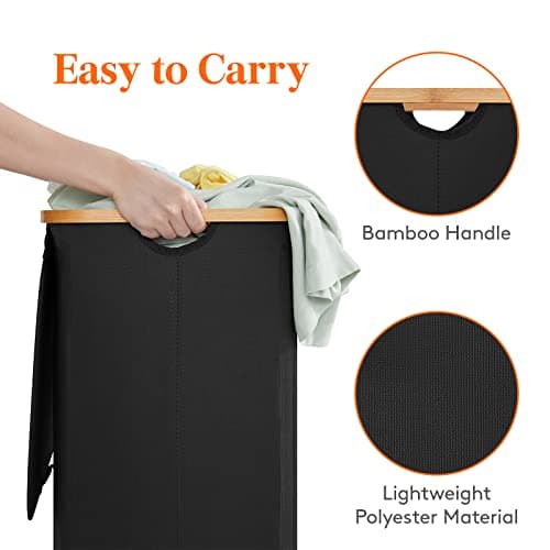 Lifewit Large Foldable Black Laundry Basket with Lid, Bamboo Handles