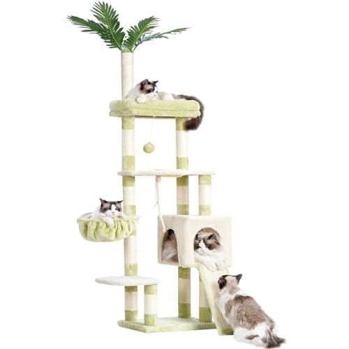 65.4-Inch Cat Tree for Indoor Cats with Plush Furniture and Scratching Posts - Smoky Gray Color (HCT015G) by Heybly — Green and Beige