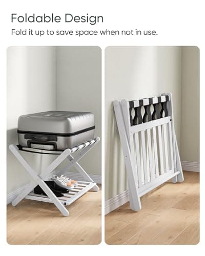 White Bamboo Luggage Rack, 5 Straps, Heavy Duty & Foldable, Shoe Shelf Included