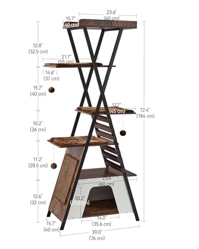 FourFurPets Modern 72.4" Multi-Level Cat Tree with Caves & Scratching Board, Rustic Brown