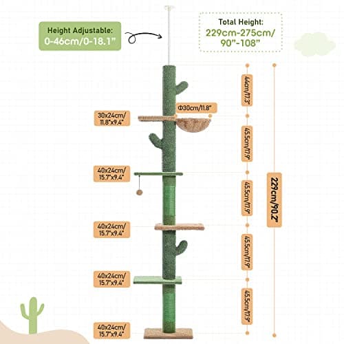 PAWZ Road Cat Tree: Cactus Climbing Tower, 95-108 Inches, 5 Levels, Hammock & Balls