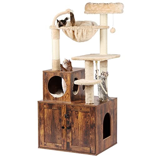 2-in-1 Cat Tower with Litter Box Enclosure and Large Furniture, Rustic Brown
