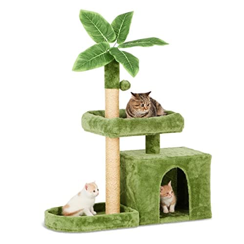 31.5" Pink Cat Tree with Leaf Design & Scratching Posts — Green